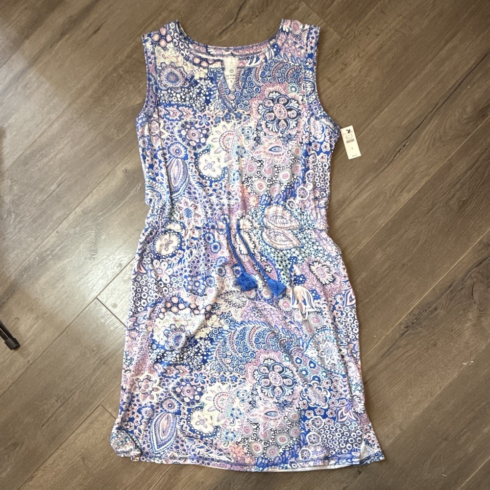 Talbots‎ Women's S Paisley Sleeveless Shift Dress Split Neck Tassel Rayon Knit